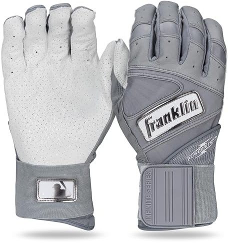 Franklin Sports MLB Batting Gloves - Infinite Powerstrap Baseball + Softball Batting Gloves -Durable Full Wrap Cage Practice Gear - Long Cuff Wrist + Heavy Duty Leather - Adult Medium - Grey