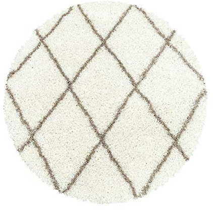 Carpetsale24 Hochflor Runder Teppich Creme 120 cm Rund Rauten Design Flauschig- Langflor Wohnzimmerteppich Skandinavischer Stil Shaggy Teppich