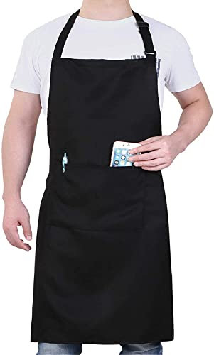 DDSHUN Kitchen Adjustable Bib Apron with 2 Pockets Cooking Kitchen Apron for Men, Women with Long Ties for Home Kitchen, Restaurant, Coffee House, Baking Gardening BBQ