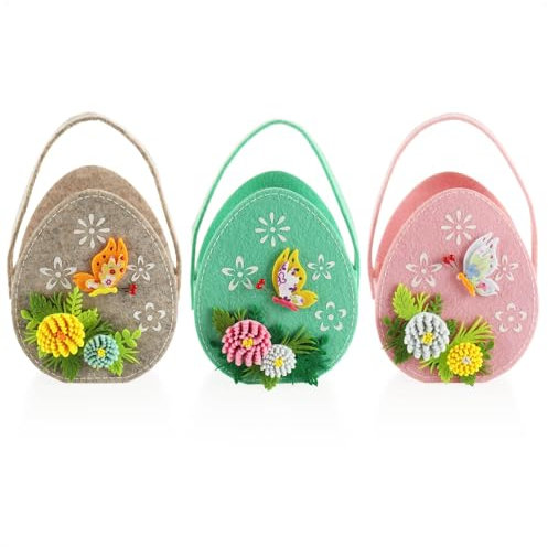com-four® 3x Osterkorb aus Filz - Körbchen zum Befüllen - Filztasche Osterei zum Verschenken - Osternest - Osterdeko (3 Körbe - Schmetterling auf Ei)