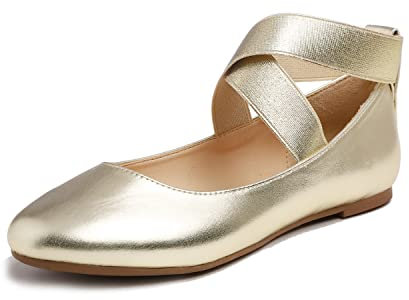 Feversole Women's Stretchy Elastic Ankle Straps Ballet Flats Shoes Gold Vegan Leather Size 5 UK