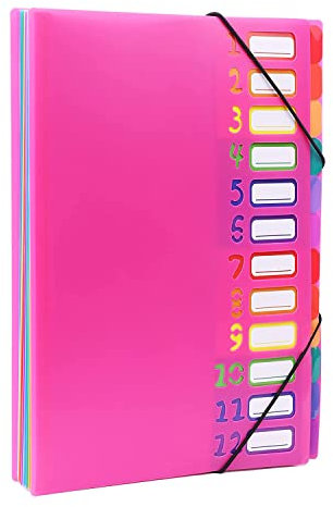 VIQWYIC Dokumentenmappe A4 mit 12 Fächern – Wasserdichter PP-Kunststoff-Ordner mit Gummizug & farbigen Etiketten – Tragbar Organizer für Schule/Büro (Heißes Rosa)