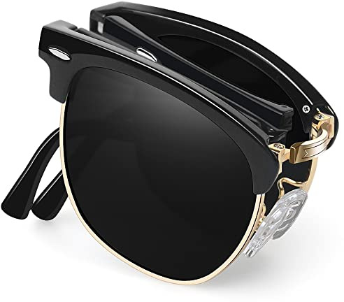 Joopin Faltbrille Halbrahmen Vintage Sonnenbrille Herren Schwarz Faltbare Retro UV400 Polarisierte Sonnenbrille Damen (Glänzend Schwarz Faltbare)