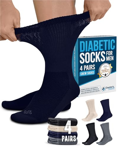 Doctor's Select Diabetic Socks for Men 9-12 - 4 Pairs Crew Neuropathy Socks for Men | Stretch Top | Black, Gray, Beige, Navy