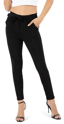 Kendindza Pantalones elásticos para mujer, elegantes con lazo, cintura alta, pantalones de tela para mujer, elegantes, pantalones de negocios, pantalones largos, Negro , M