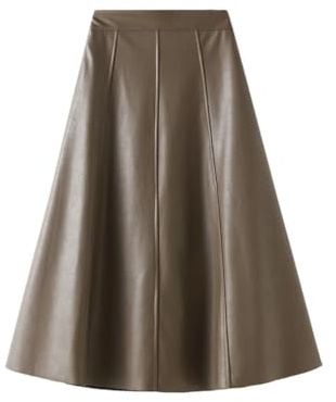 SUNYUESTAR Women's Faux Leather Skirt Vintage High Waist A Line Bodycon Midi PU Leather Skirt(Khaki, S)