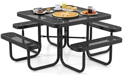 COSTWAY Sitzgarnitur für 8 Personen, Picknicktisch mit Schirmloch & 4 Bänken, quadratischer Gartentisch aus beschichtetem Metall, Gartengarnitur, Gartenmöbel, Sitzgruppe für Garten, Terrasse, Schwarz