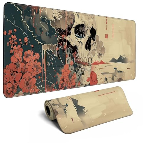 Ukiyo-e Large Japanese Skull Mouse Pad for Office, Gaming Mouse Pad for Men with Stitched Edges, Non-Slip 80x30cm