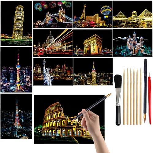 12 Stück Kratzkunst, Regenbogen-Kratznotizen mit Kratzwerkzeug-Set City Series Regenbogen-Kratzkunst für Erwachsene und Kinder (A5-Größe)