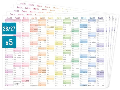 Häfft® 5 x Wandkalender 2026 A4 quer Rainbow + Jahresübersicht 2027 auf der Rückseite -Tafelkalender, Jahresplaner, Jahreskalender, Tischkalender mit Feiertagen - nachhaltig & klimafreundlich