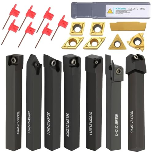 21 Stück 12mm Drehmeißel Set Bohrstange Schaftdrehmaschine mit 7 x Drehwerkzeughalter, 7 x Hartmetall-Wendeschneidplatten, 7 x Schraubenschlüssel für Trennschleifen Finishen der Werkstückoberfläche