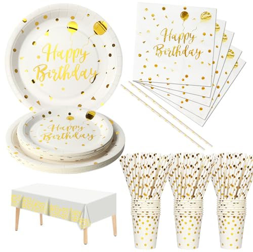 Nkaiso Anniversaire Party Vaisselle,121pcs Blanc Or Kit Vaisselles Papier Assiette Tasse Serviette, Enfants Fête Anniversaire Décoration -24 invités