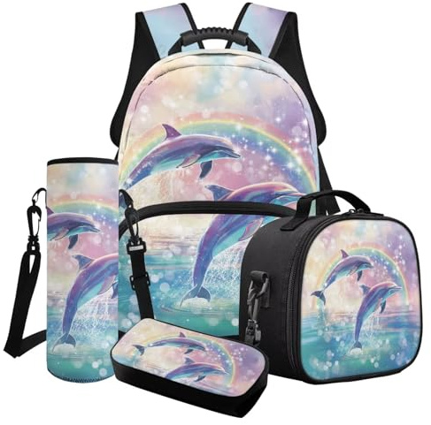 Cxdvotvy Schulranzen-Set mit Tierdruck, 4 Stück, Rucksack-Set mit Lunchtasche, Federmäppchen, Flaschenhülle für Schüler, Blau, Rosa, Delfin, Regenbogen, Schulranzen-Set