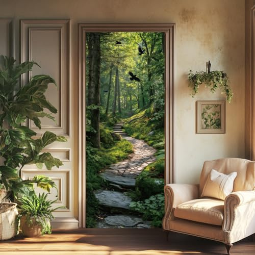 arricraft 2 Sheets Forest Steps Self-Adhesive Door Sticker, 80cmx200cm/31.5x78.7inch Green Forest Scenery Door Murals Stickers PVC Removable Wallpaper Decoration for Bedrooms ​Living Room