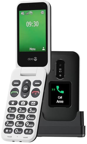 Doro Telefon Leva E31 – 4G-klappmobil för seniorer – 2,8-tums display, extern display, kontrastrika knappar, klart ljud, kamera, säkerhetsknapp – inklusive laddningsstation – svart/vit