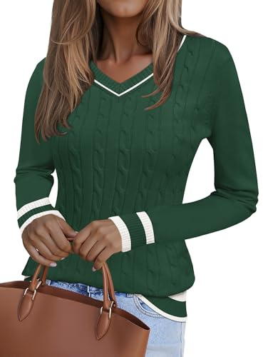 Kistore Ladies V Neck Jumpers Chunky Sweater Women Cable Knit Jumper Green