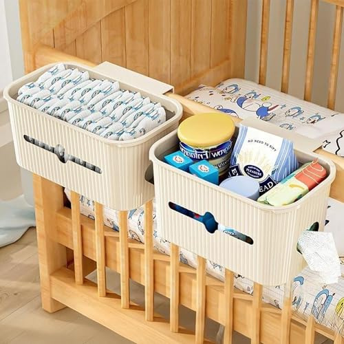 VIREYA Bedside Storage Box Bin Organizer Diaper Caddy Organizer for Kids Bed, Crib, Playard ,Playpen, Nursery Bedroom, Bathroom Essentials,for Books, Tissues, Cup & Snacks (Beige)