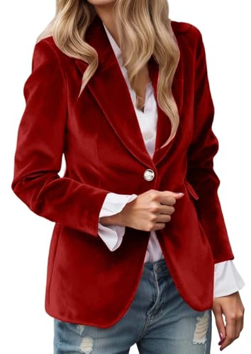 Blazer de terciopelo para mujer, chaquetas de traje, negocios, informal, con botones, manga larga, abrigo de traje, corte ajustado, chaqueta blazer de un botón, chaqueta blazer sólida y elegante, ropa