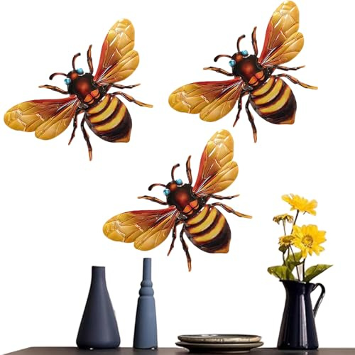 Pomurom Bee Wall Decor - Outdoor Wall Art,3X Metal Decorations For Nursery, Bathroom, Kitchen, Weather-Resistant, Rust-Proof Sculptures