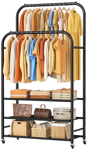 HOMIDEC Double Clothes Rail with 3-Tier Detachable Fabric Shelves & Wheels