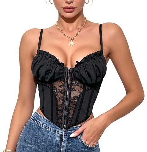 DOINEUFL Corset Tops for Women, Lace Bustier with Adjustable Straps, Bustier Top with Front Hook & Eye, Tops for Women Going Out