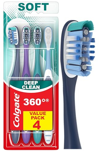 Colgate 360 Deep Clean Soft Toothbrush for 4 in 1 Bacterial Removal, Features Floss Tip Bristles and Tongue Cleaner, 4 Count