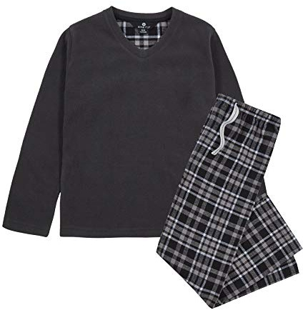 Style It Up Pijama de manga larga para niños y niños, parte superior y pantalones a cuadros, forro polar suave para invierno, cálido, gran regalo de Navidad, fiestas de pijamas, camping, Camiseta lisa
