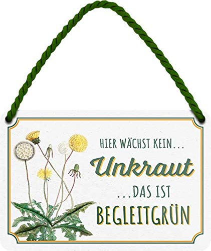 WOGEKA ART Retro Blechschild - Hier wächst kein Unkraut, das ist Begleitgrün - witziger Spruch zum Geburtstag Weihnachten 18x12 cm Vintage-Design Hänge-Schild aus Metall HS488