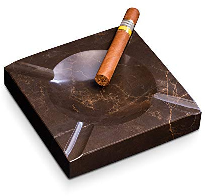 Bey-Berk Amber Emperador Marble Four Cigar Ashtray, 7 Square Genuine Brown Stone, Heritage Cigar Lounge Accent