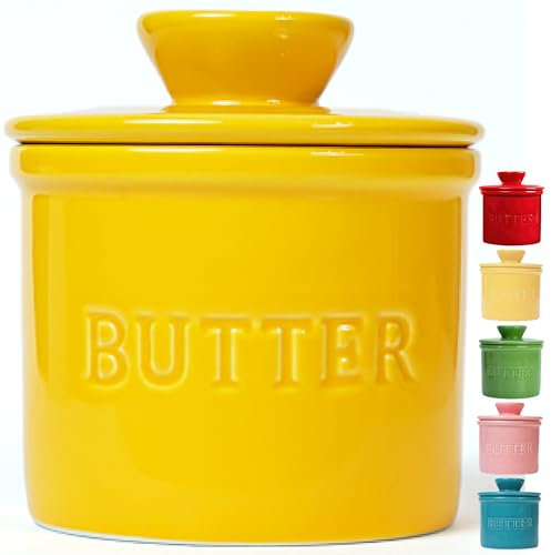 Priority Chef Butter Crock with Lid for Countertop with Spreader Knife and Water Line, Soft Spreadable Butter, Ceramic French Butter Dish with Lid, Yellow