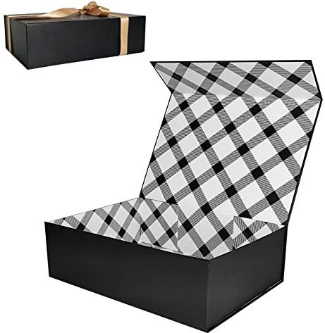 Tekhoho Schwarze Große Geschenkbox 33x23.7x10 cm, Premium Geschenkbox mit Magnetdeckel und Geschenkband für Feiertage Hochzeit Geburtstag Geschenkverpackung, Kariertes Innenfutter