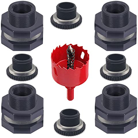 Qitdathn Kit di 4 raccordi per paratia per barili di pioggia, con tappi e sega a tazza, 2,5 cm (diametro interno di circa 32 mm), kit di connettori in PVC per barili di pioggia, piscine e acquari