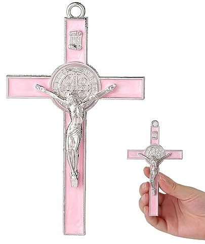 VINETEN Crucifix - Saint Benedict Crucifix Wall Cross Give Blessing and The Spiritual Sacred Pink Enamel Wall Cruciifx for Girl 5 Inch