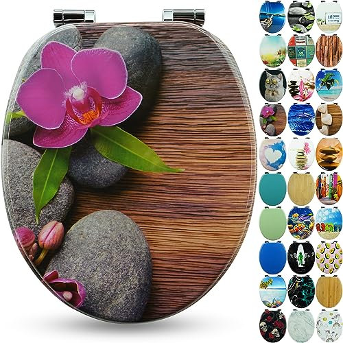 SANFINO® Premium WC Sitz mit Absenkautomatik – hochwertige Toilettendeckel aus Holz, viele bunte Motive, hoher Sitzkomfort, einfache Montage inklusive Montageanleitung – Orchid