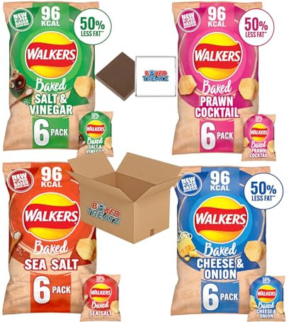 Walkers Variety Multipack Crisps (24X22g) 6x Sea Salt + 6x Cheese & Onion + 6x Salt & Vinegar + 6x Prawn Cocktail Boxed Treatz