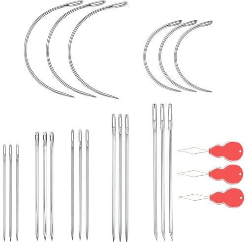 NUDFSY 21 Pcs Sewing Needles, Sewing Leather Needle Set with 3 Pcs Needle Threaders, Curved Needle Triangular Needle Assorted Needles for Upholstery, Carpet, Canvas Repair