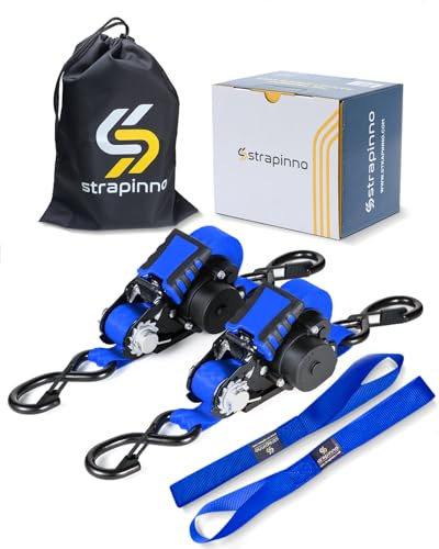 Strapinno Cinghie a cricchetto retrattili – 2,5 cm x 3,7 m Heavy Duty Tie Downs, resistenza alla rottura 816,5 kg ciascuno, ganci a S con clip di sicurezza, auto-retract, per traslochi, moto, barca,