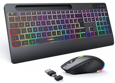 seenda JPX006 Tastatur Maus Set kabellos beleuchtet, wiederaufladbare USB & Typ C Funktastatur mit Maus mit Handyhalter und Handballenauflage für PC/Windows/Mac, leise Klicken & QWERTZ Layout, Schwarz