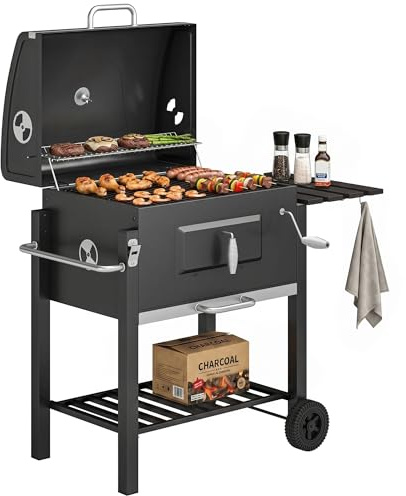 Outsunny Barbacoa de Carbón con Ruedas Barbacoa Portátil con Tapa Parrillas de Acero Inoxidable Brasero Ajustable Termómetro Bandeja Lateral y Estante 113x65x108 cm Negro