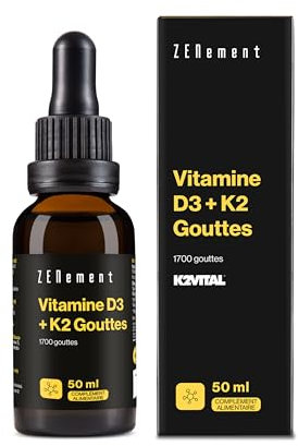 Vitamina D3 K2 Gocce - 1700 Gocce con K2VITAL® e Vitamina D3 Naturale da Lanolina - Alta Biodisponibilità con Olio MCT di Cocco - Zenement​