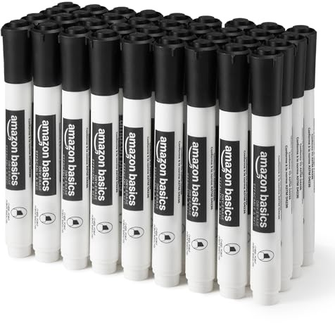 Amazon Basics Low-Odor Whiteboard Markers for Whiteboards, Chisel Tip, Black, Pack of 36