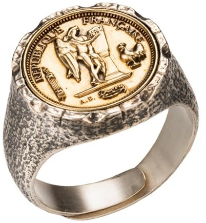 ForFox Anillo de sello de plata de ley 925 con moneda de gallo y ángel francés dorado anillo Republique Francaise para hombre mujer talla 24 abierto ajustable