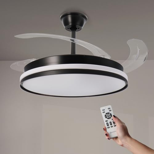 M mimotec - Ventilatore da soffitto con luce LED Cami nera, telecomando, motore DC, 6 velocità, silenzioso, pale retrattili, funzione estate-inverno, timer, CCT