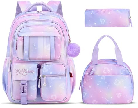 Tanou Ensemble de Cartable Fille Primaire, Sac d Ecole Fille en 3 Pièces avec Sac Repas et Trousses, Respirant Sac à Dos Scolaire en Nylon pour Enfants CE1 CE2 CM1 CM2, Violet