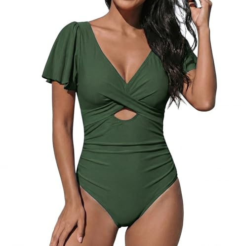 OUSIMEN Costume Intero con Scollo a V Monokinis arricciature con Scollo a V, Verde Militare, L