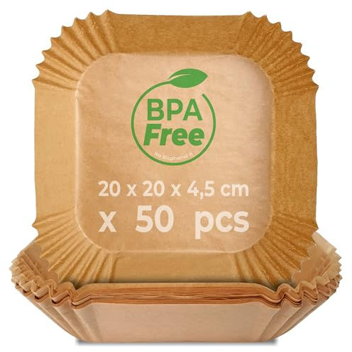 KITCHEN GURU, Papier Cuisson Air Fryer, 50 Moules Carrés, pour Friteuse sans Huile, 5 à 11L, Dimensions 20 * 20 * 4,5cm, Antiadhésif, Résistant à la Chaleur, BPA Free, Qualité alimentaire