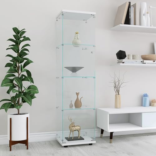 JYNVO Vitrina de Cristal Templado de 4 Niveles para Coleccionables, Estantería de Vidrio con Puerta y Base de Madera Negra, Vitrina para Figuras de Acción, Trofeos y Vinos, 164x42.5x36.5cm