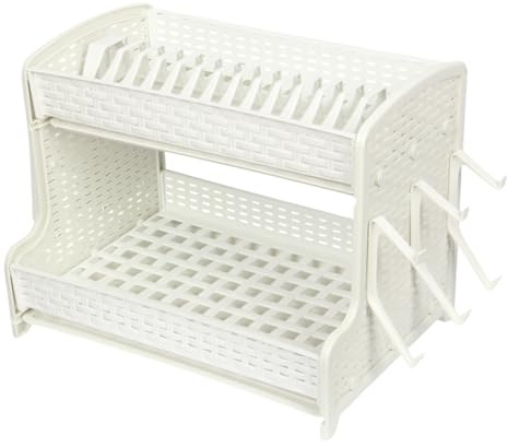 Jolie Max 2-Tier Plate Drainer Rack with Cutlery Holder & Removable Drip Tray – Durable Plastic Kitchen Sink Dish Drying Rack, Easy to Assemble – 40.5 x 27.5 x 32 cm (WHITE)