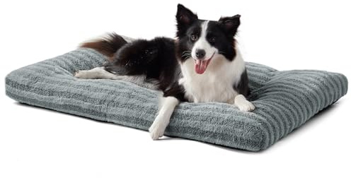Pawk Large Dog Bed Washable - Fluffy Plush Fur Dog Mattress, Anti-Slip Dog Beds for Dog Crate, Calming Anti Anxiety Dog Mat, 89 × 58 × 9 cm, Grey