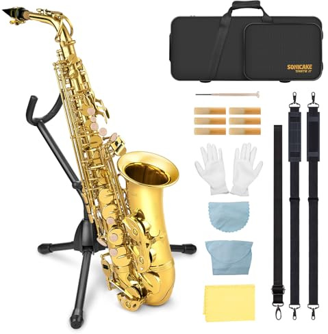 SONICAKE Saxophone Alto Mi bémol Vernis Or, Kit complet pour débutant avec étui, bec, anches, support & accessoires QSX-01